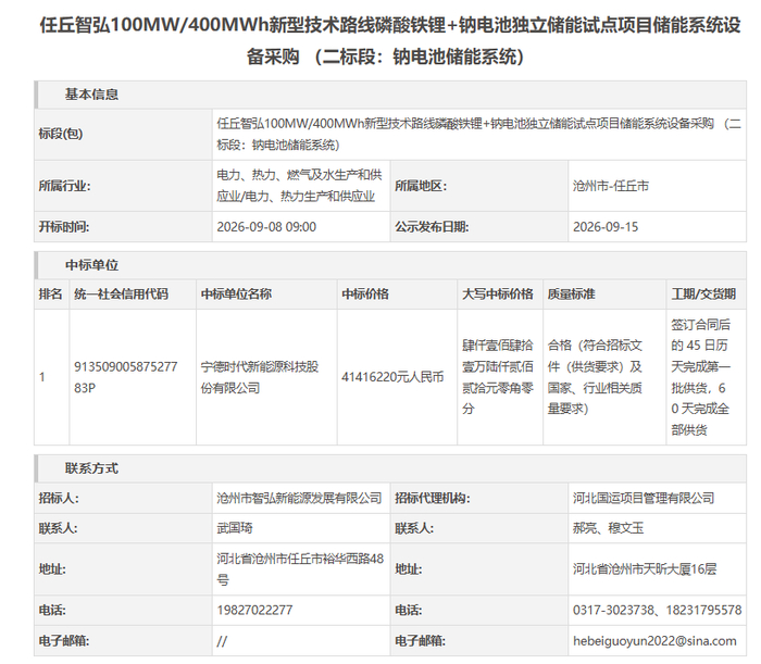 单价约1.035元/Wh！宁德时代再拿两大钠电储能项目！